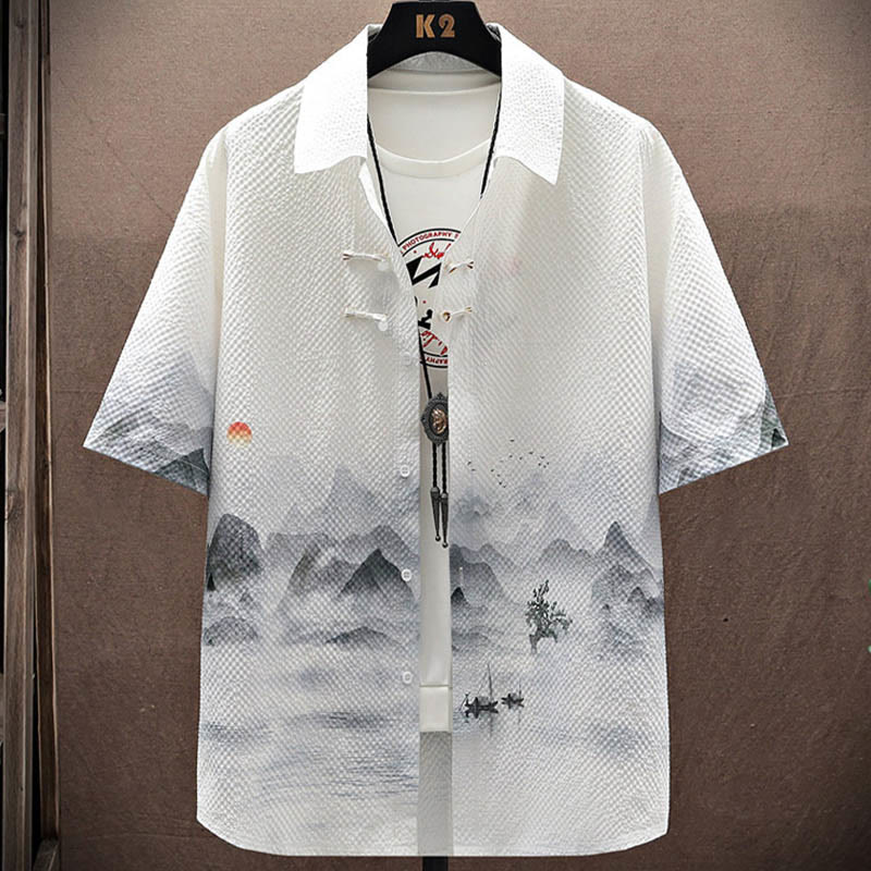 Buddha-Steine-Landschaft, Kokospalmen, Elster-Muster, kurzärmelige Shorts für Herren - image 2