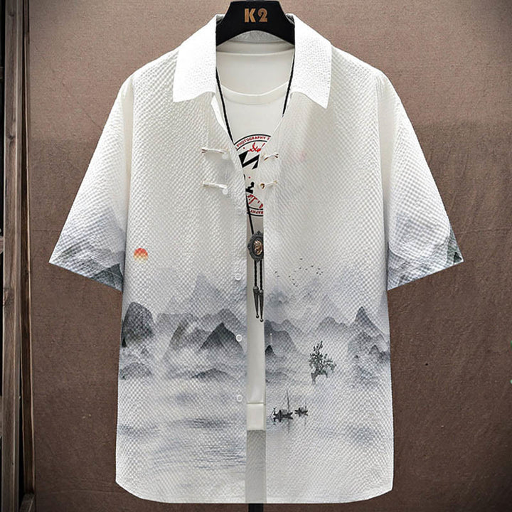 Buddha-Steine-Landschaft, Kokospalmen, Elster-Muster, kurzärmelige Shorts für Herren - image 2