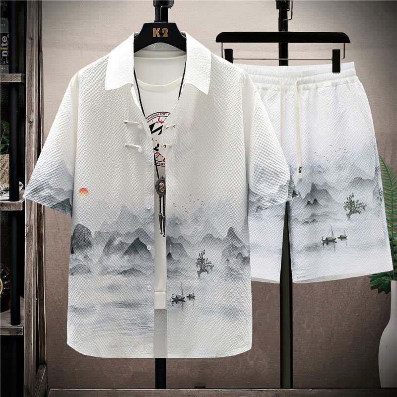 Buddha-Steine-Landschaft, Kokospalmen, Elster-Muster, kurzärmelige Shorts für Herren