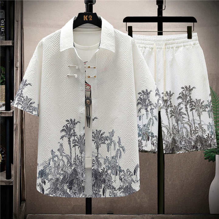 Buddha-Steine-Landschaft, Kokospalmen, Elster-Muster, kurzärmelige Shorts für Herren - Kokosnussbäume (Hemd und Shorts) - US/ UK/AU44，EU54 (4XL) - image 5