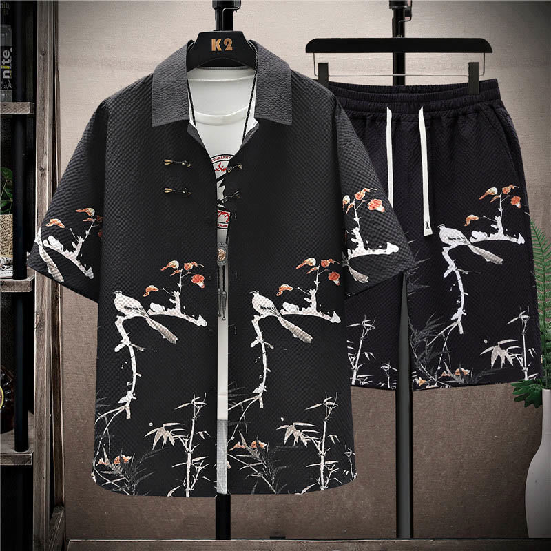 Buddha-Steine-Landschaft, Kokospalmen, Elster-Muster, kurzärmelige Shorts für Herren - Schwarze Elster (Hemd & Shorts) - US/ UK/AU44, EU54 (4XL) - image 9