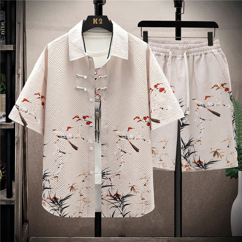 Buddha-Steine-Landschaft, Kokospalmen, Elster-Muster, kurzärmelige Shorts für Herren - Beige Elster (Hemd & Shorts) - US/ UK/AU44，EU54 (4XL) - image 13