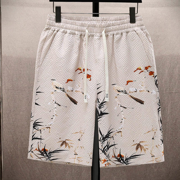 Buddha-Steine-Landschaft, Kokospalmen, Elster-Muster, kurzärmelige Shorts für Herren