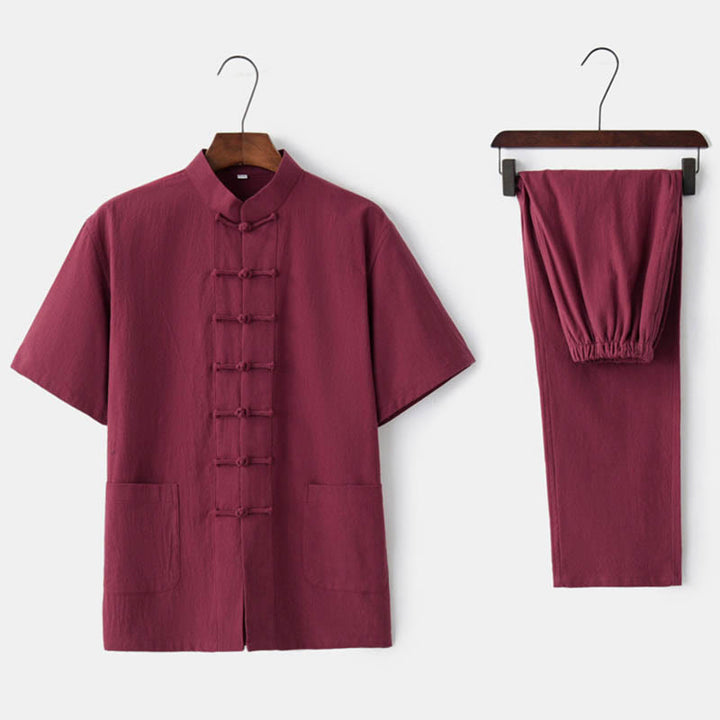 Buddha Stones Einfarbiger Tang-Anzug mit Froschknöpfen Traditionelles Kurzarm-Oberteil und Hose aus Baumwolle und Leinen für Herren - Rot (Oberteil & Hose) - US/ UK/AU44, EU54 (4XL)  - image 9