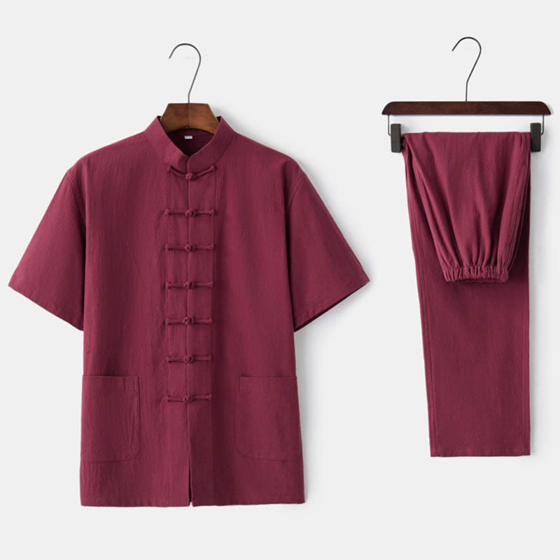 Buddha Stones Einfarbiger Tang-Anzug mit Froschknöpfen Traditionelles Kurzarm-Oberteil und Hose aus Baumwolle und Leinen für Herren - Rot (Oberteil und Hose) - US/ UK/AU44，EU54 (4XL)  - image 9