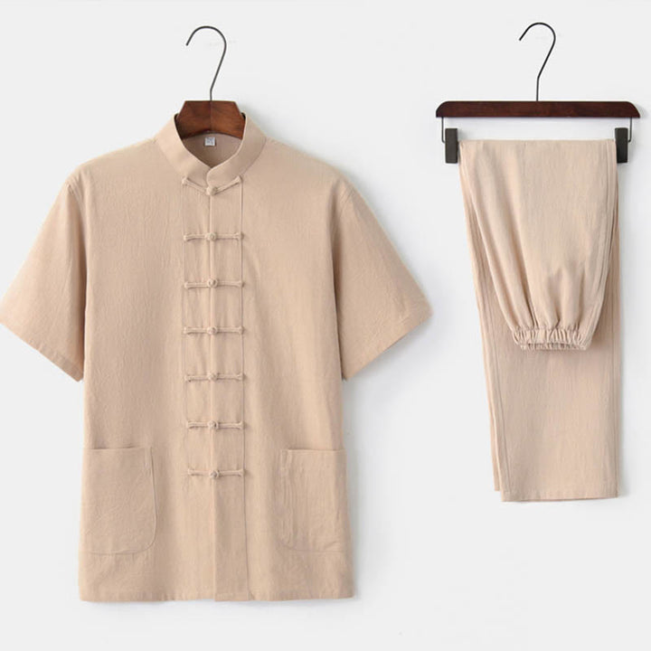 Buddha Stones Einfarbiger Tang-Anzug mit Froschknöpfen Traditionelles Kurzarm-Oberteil und Hose aus Baumwolle und Leinen für Herren - Beige (Oberteil & Hose) - US/ UK/AU44, EU54 (4XL)  - image 8