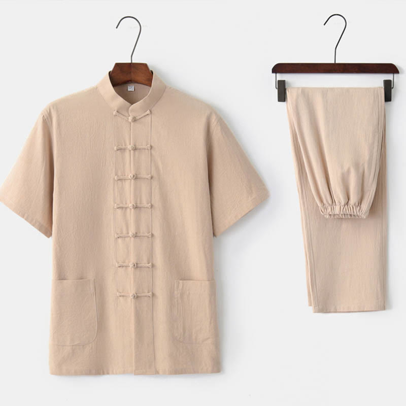 Buddha Stones Einfarbiger Tang-Anzug mit Froschknöpfen Traditionelles Kurzarm-Oberteil und Hose aus Baumwolle und Leinen für Herren - Beige (Oberteil & Hose) - US/ UK/AU44, EU54 (4XL)  - image 8