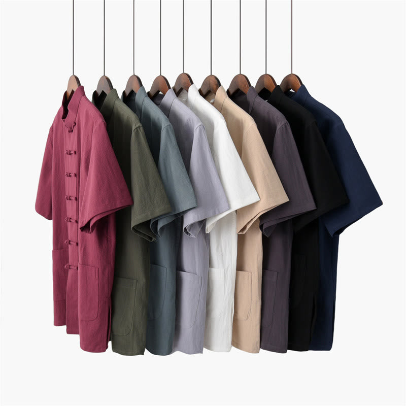 Buddha Stones Einfarbiger Tang-Anzug mit Froschknöpfen Traditionelles Kurzarm-Oberteil und Hose aus Baumwolle und Leinen für Herren - image 1