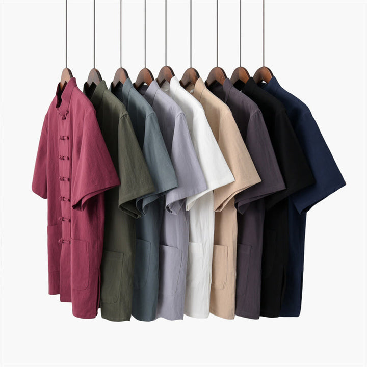 Buddha Stones Einfarbiger Tang-Anzug mit Froschknöpfen Traditionelles Kurzarm-Oberteil und Hose aus Baumwolle und Leinen für Herren - image 1