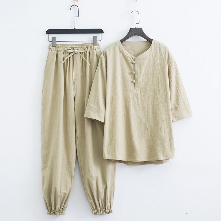 Buddha Stones, einfarbiges traditionelles Kurzarm-T-Shirt und Hose, Herren-Set - Beige (Oberteil & Hose) - US/ UK/AU44, EU54 (4XL) - image 13