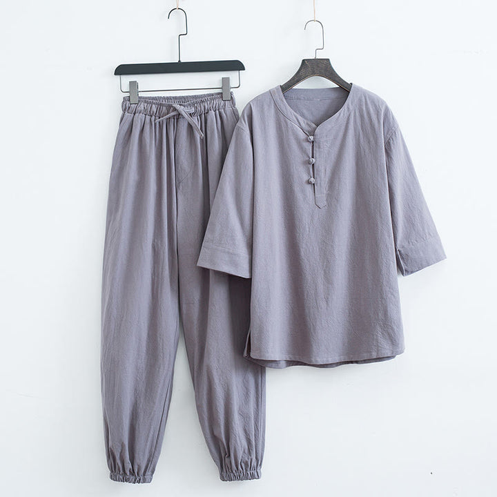 Buddha Stones, einfarbiges traditionelles Kurzarm-T-Shirt und Hose, Herren-Set - Grau (Oberteil & Hose) - US/ UK/AU44, EU54 (4XL) - image 7