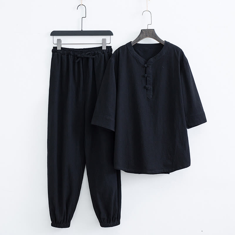 Buddha Stones, einfarbiges traditionelles Kurzarm-T-Shirt und Hose, Herren-Set - Schwarz (Oberteil & Hose) - US/ UK/AU44, EU54 (4XL) - image 9