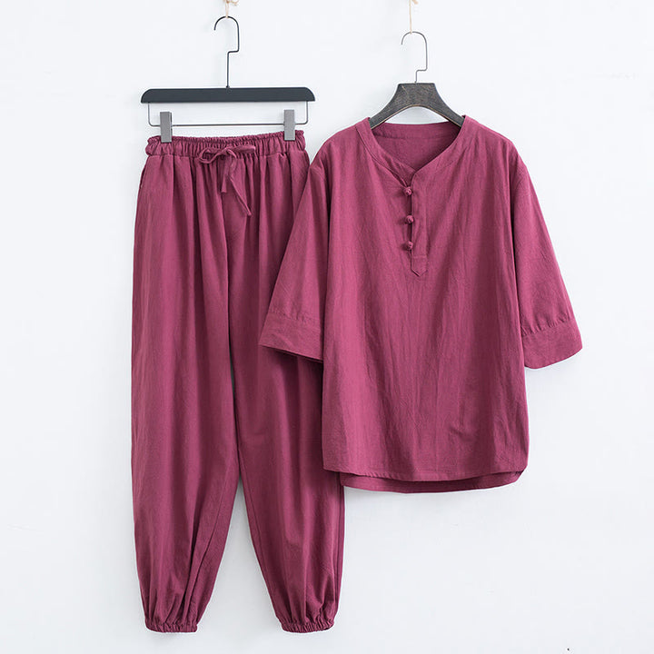 Buddha Stones, einfarbiges traditionelles Kurzarm-T-Shirt und Hose, Herren-Set - Rot (Oberteil & Hose) - US/ UK/AU44, EU54 (4XL) - image 14