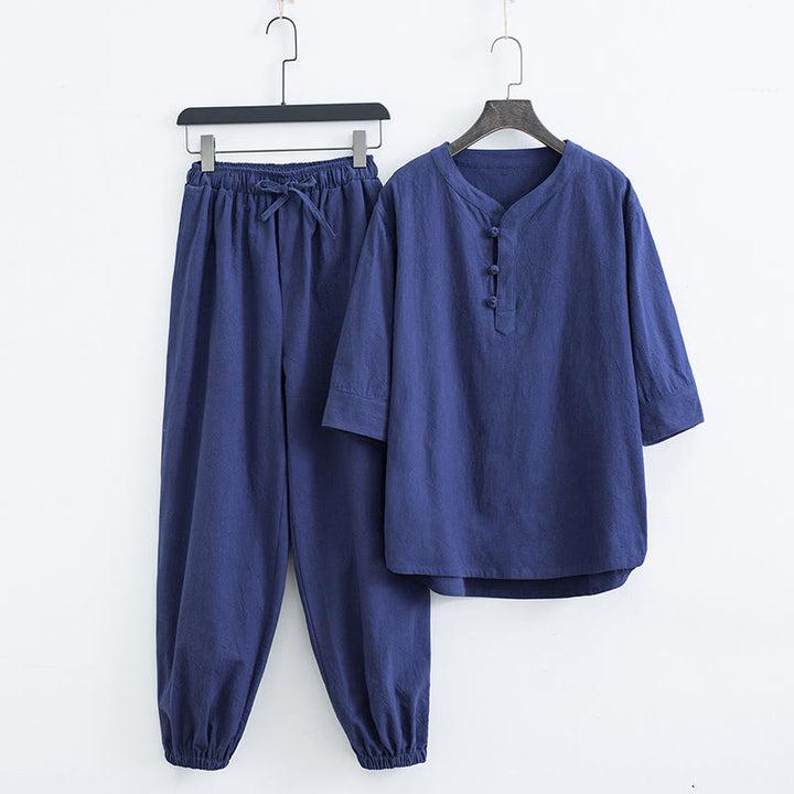 Buddha Stones, einfarbiges traditionelles Kurzarm-T-Shirt und Hose, Herren-Set - Marineblau (Oberteil & Hose) - US/ UK/AU44, EU54 (4XL) - image 12