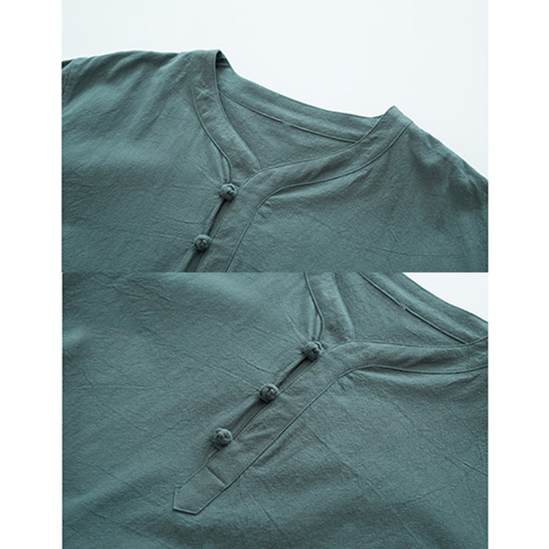Buddha Stones Einfarbiges traditionelles Kurzarm-T-Shirt aus Baumwolle und Leinen für Herren - image 1