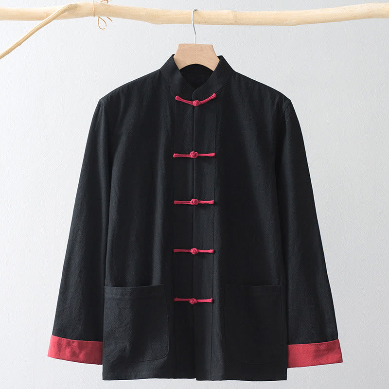 Buddha Stones ​​Froschknopf Chinesisches Tang-Anzughemd Baumwoll-Leinen Herrenjacke Bekleidung - Schwarzes Hemd & roter Froschknopf - US/ UK/AU44, EU54 (4XL) - image 0
