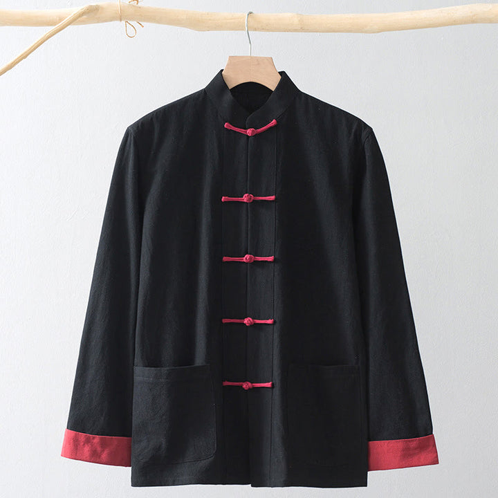Buddha Stones ​​Froschknopf Chinesisches Tang-Anzughemd Baumwoll-Leinen Herrenjacke Bekleidung - Schwarzes Hemd & roter Froschknopf - US/ UK/AU44, EU54 (4XL) - image 0