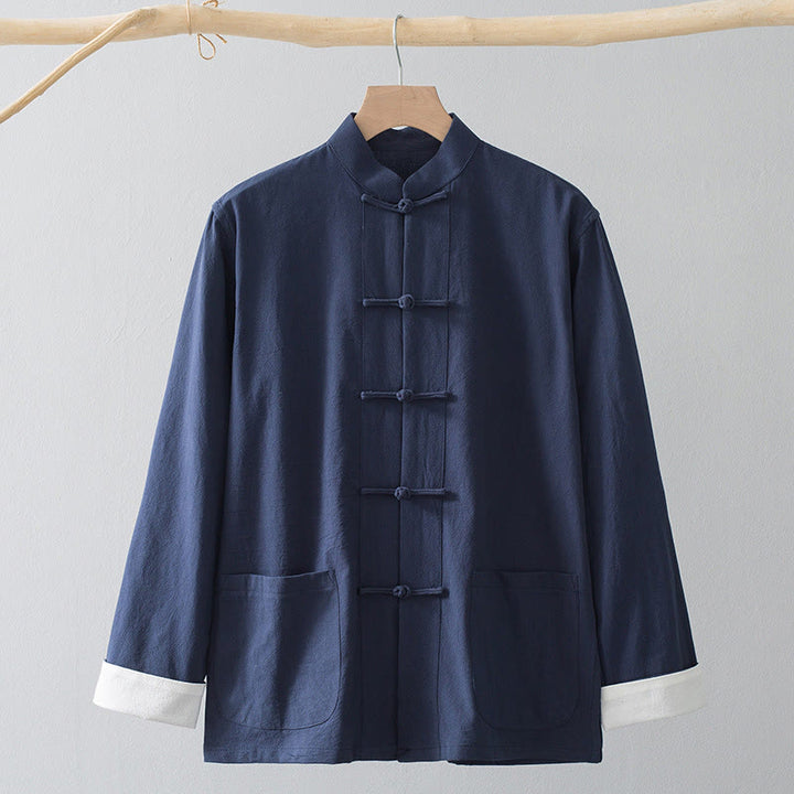 Buddha Steine ​​Frosch-Knopf Chinesischen Tang Anzug Hemd Baumwolle Leinen Männer Jacke Kleidung - Blaues Hemd & Weißer Froschknopf - US/ UK/AU44，EU54 (4XL) - image 5