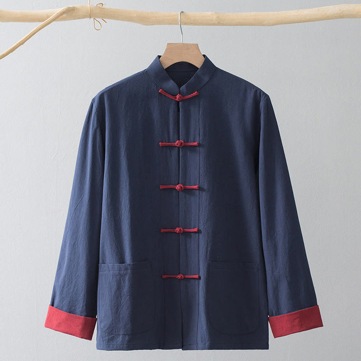Buddha Steine ​​Frosch-Knopf Chinesischen Tang Anzug Hemd Baumwolle Leinen Männer Jacke Kleidung - Blaues Hemd & roter Froschknopf - US/ UK/AU44, EU54 (4XL) - image 12