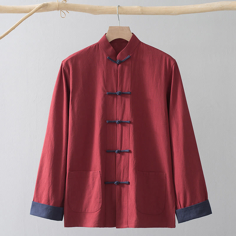 Buddha Stones ​​Froschknopf Chinesisches Tang-Anzughemd Baumwoll-Leinen Herrenjacke Bekleidung - Rotes Hemd & blauer Froschknopf - US/ UK/AU44, EU54 (4XL) - image 16