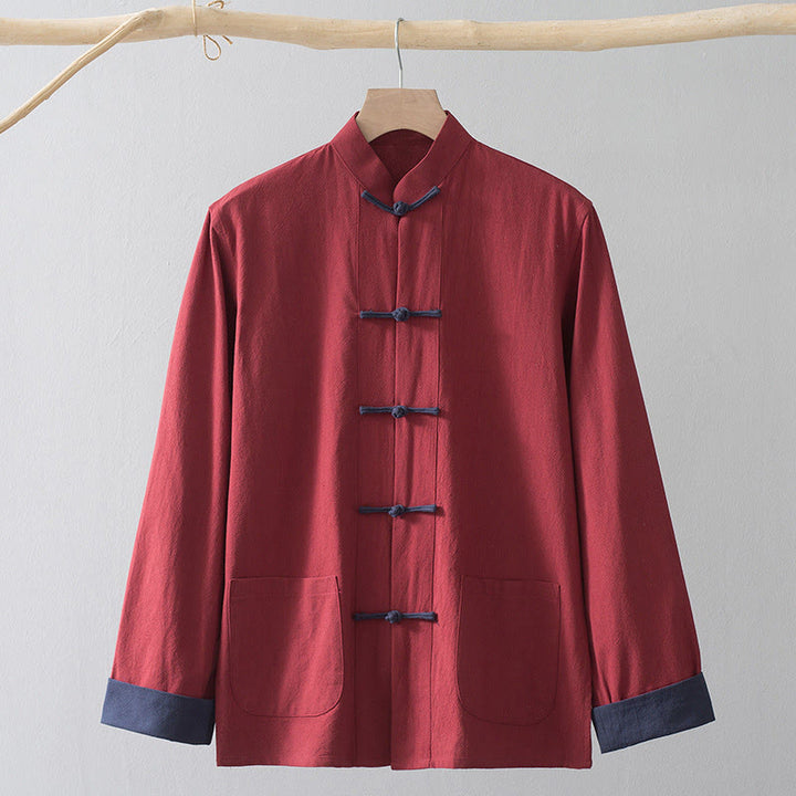 Buddha Stones ​​Froschknopf Chinesisches Tang-Anzughemd Baumwoll-Leinen Herrenjacke Bekleidung - Rotes Hemd & blauer Froschknopf - US/ UK/AU44, EU54 (4XL) - image 16