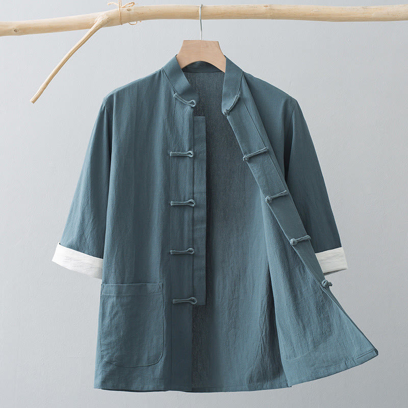 Buddha Stones Frosch-Knopf Chinesischer Tang-Anzug Halbarmhemd Baumwolle Herrenkleidung mit Taschen - Graugrün - US/ UK/AU44, EU54 (4XL) - image 1