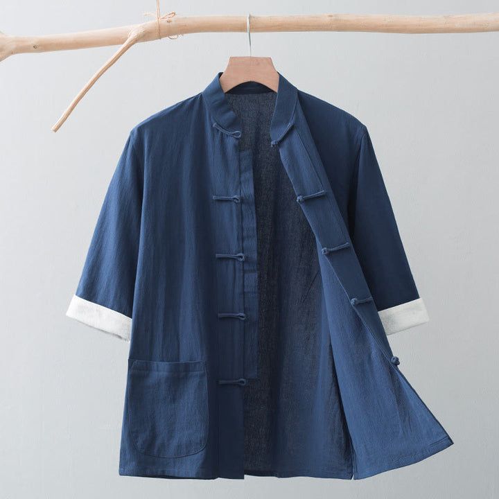 Buddha Stones Frosch-Knopf Chinesischer Tang-Anzug Halbarmhemd Baumwolle Herrenkleidung mit Taschen - Marineblau - US/ UK/AU44, EU54 (4XL) - image 15