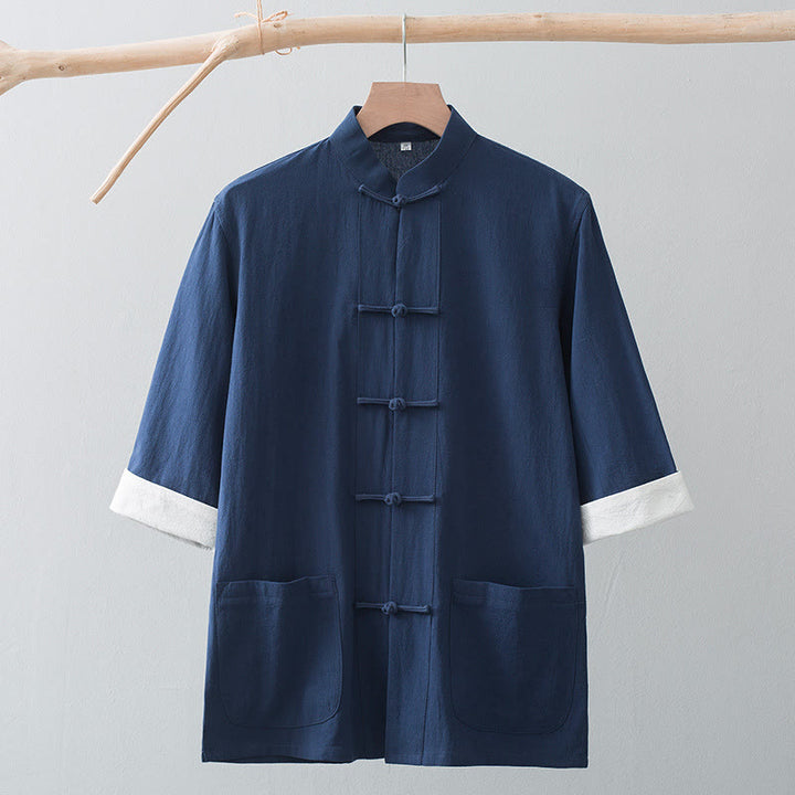 Buddha Stones Frosch-Knopf Chinesischer Tang-Anzug Halbarmhemd Baumwolle Herrenkleidung mit Taschen - image 16