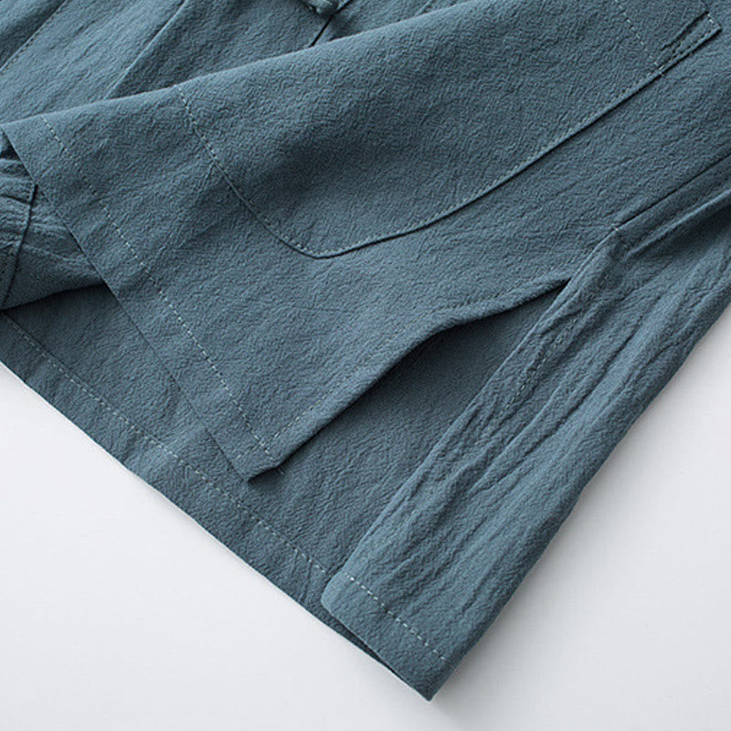 Buddha Stones Frosch-Knopf Chinesischer Tang-Anzug Halbarmhemd Baumwolle Herrenkleidung mit Taschen - image 8