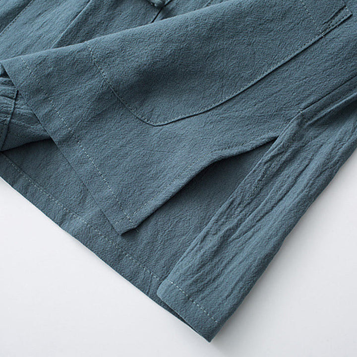 Buddha Stones Frosch-Knopf Chinesischer Tang-Anzug Halbarmhemd Baumwolle Herrenkleidung mit Taschen - image 8