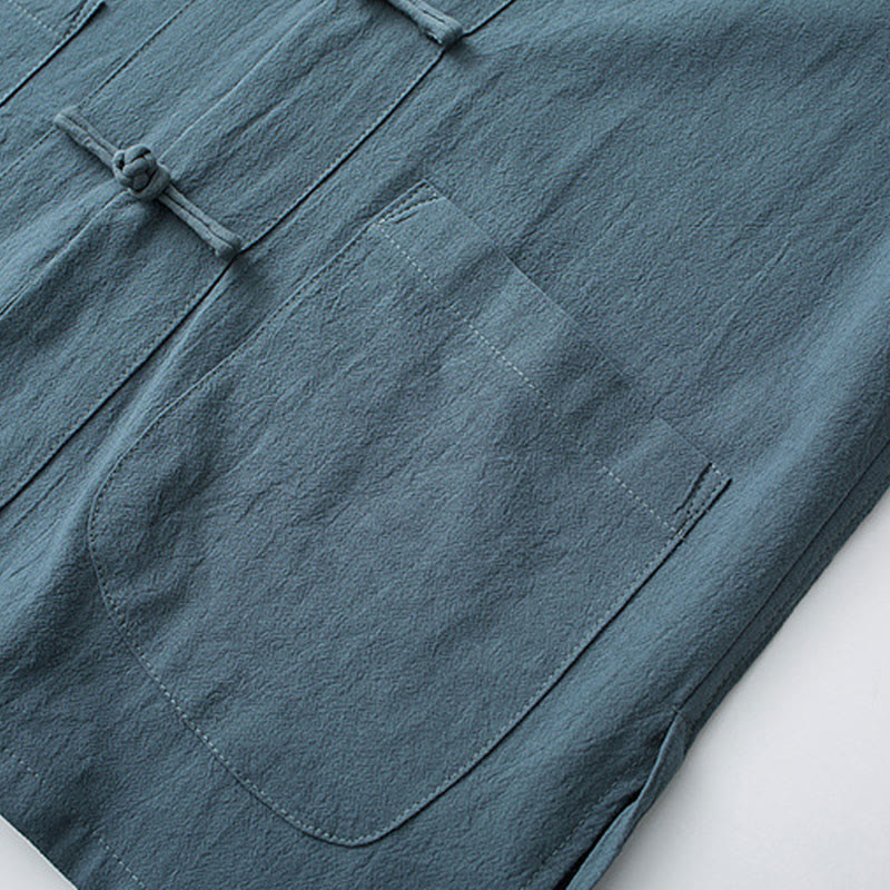 Buddha Stones Frosch-Knopf Chinesischer Tang-Anzug Halbarmhemd Baumwolle Herrenkleidung mit Taschen - image 6