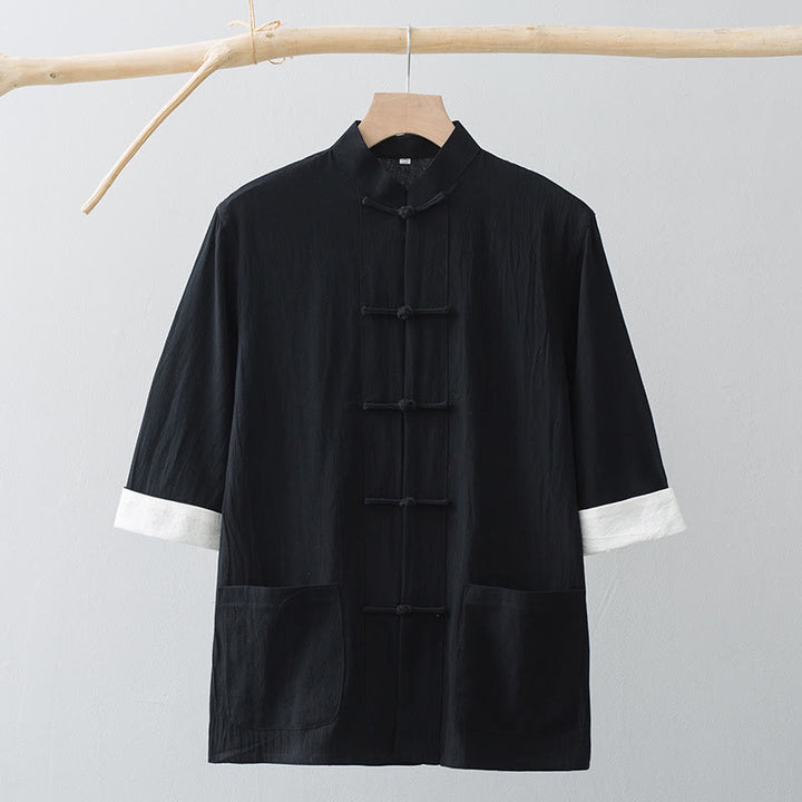 Buddha Stones Frosch-Knopf Chinesischer Tang-Anzug Halbarmhemd Baumwolle Herrenkleidung mit Taschen - image 13