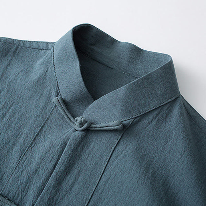 Buddha Stones Frosch-Knopf Chinesischer Tang-Anzug Halbarmhemd Baumwolle Herrenkleidung mit Taschen - image 3