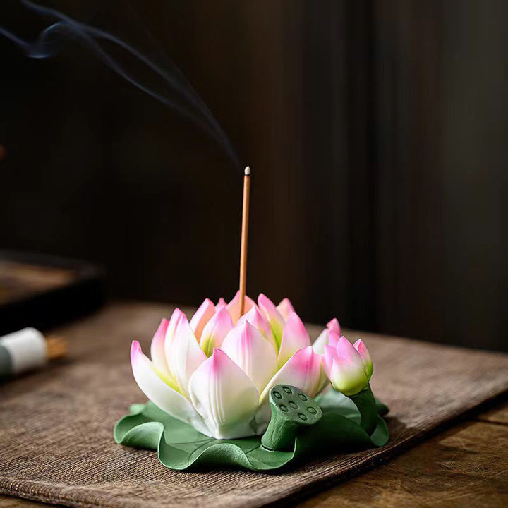 Buddha-Steine, Lotusblüte, Blattkapsel, spirituelle Heilung, Keramikstab, Weihrauchbrenner, Dekoration - Lotus Pink Edge 10,5 x 4,7 cm - image 0