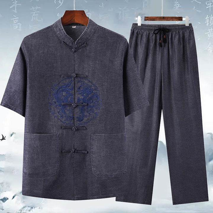 Buddha-Steine, Drachen-Stickerei-Muster, Tang-Anzug, kurzärmeliges Hemd und Hose, Herren-Set