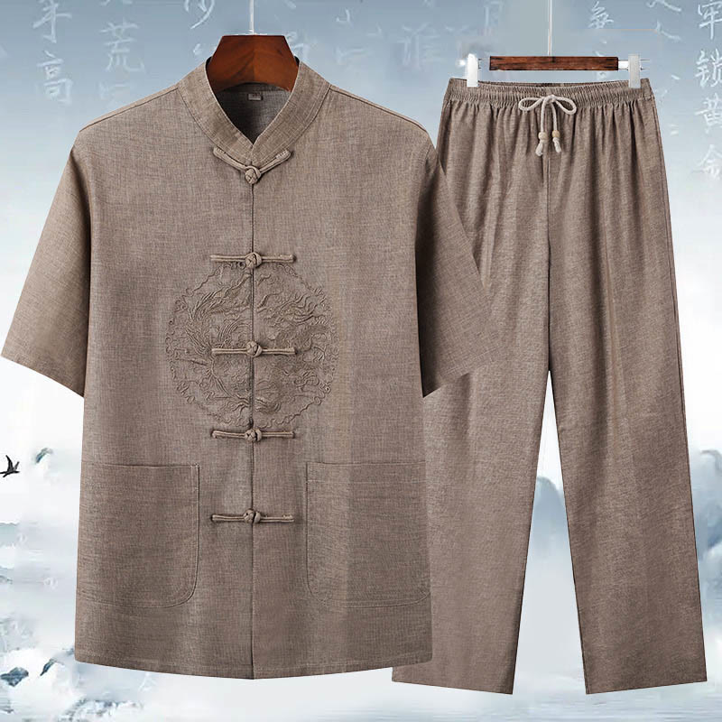 Buddha-Steine, Drachen-Stickerei-Muster, Tang-Anzug, kurzärmeliges Hemd und Hose, Herren-Set