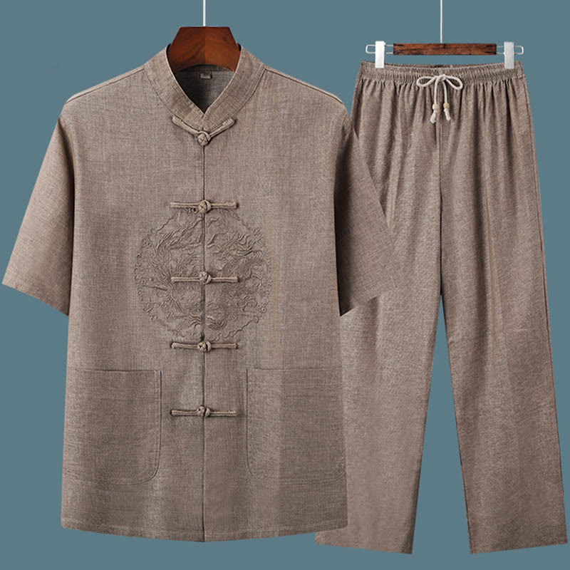 Buddha-Steine, Drachen-Stickerei-Muster, Tang-Anzug, kurzärmeliges Hemd und Hose, Herren-Set