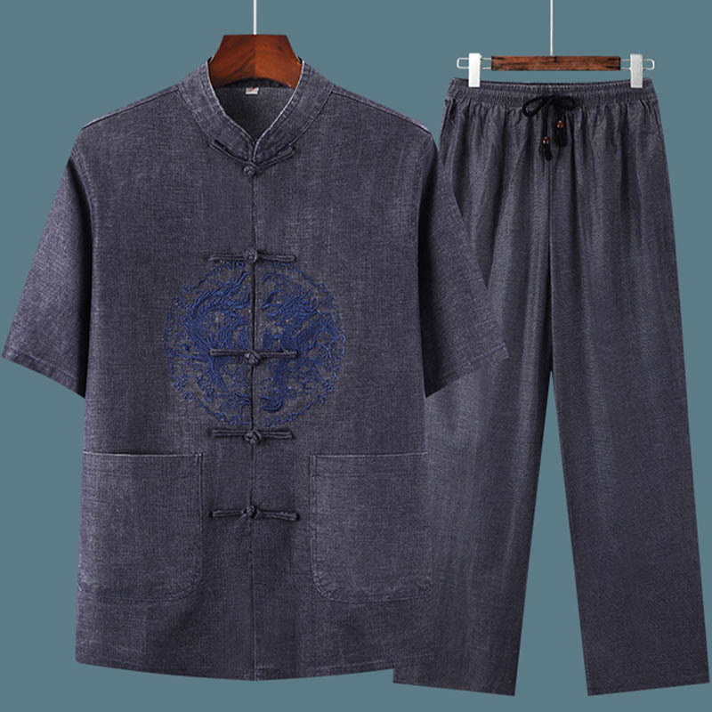 Buddha-Steine, Drachen-Stickerei-Muster, Tang-Anzug, kurzärmeliges Hemd und Hose, Herren-Set