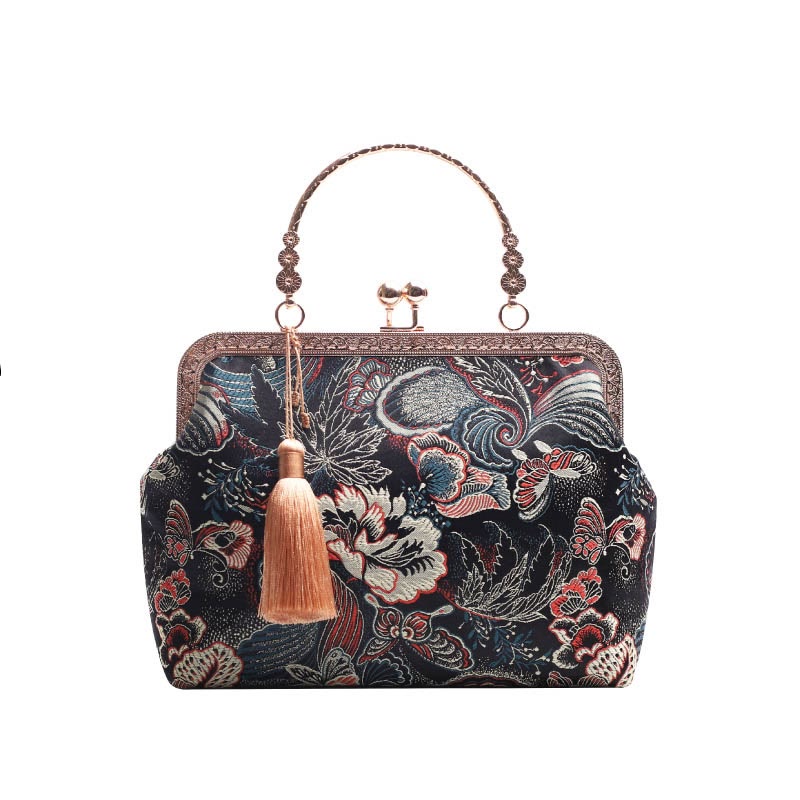 Umhängetasche mit Buddha-Steinen, Vintage-Stil, Blumen, Schmetterling, Kranich, Meereswellen, Metallkette, Schultertasche, Handtasche