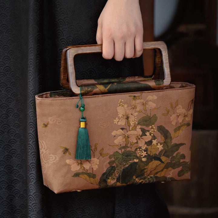 Handtasche mit Buddha-Steinen, Vintage-Design, braune Blumen, grüne Bambusblätter, Holzgriffe, Reißverschluss