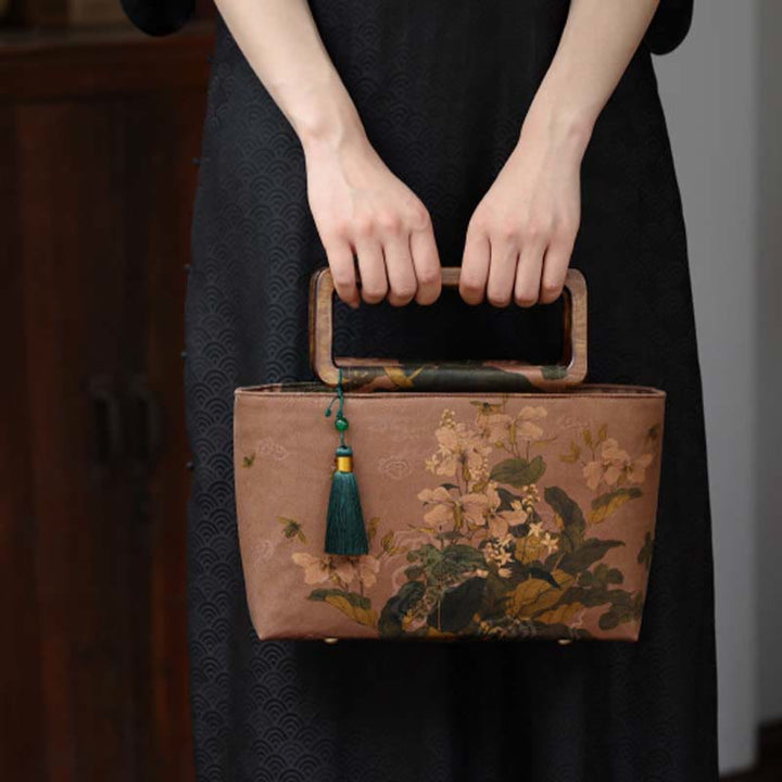 Handtasche mit Buddha-Steinen, Vintage-Design, braune Blumen, grüne Bambusblätter, Holzgriffe, Reißverschluss