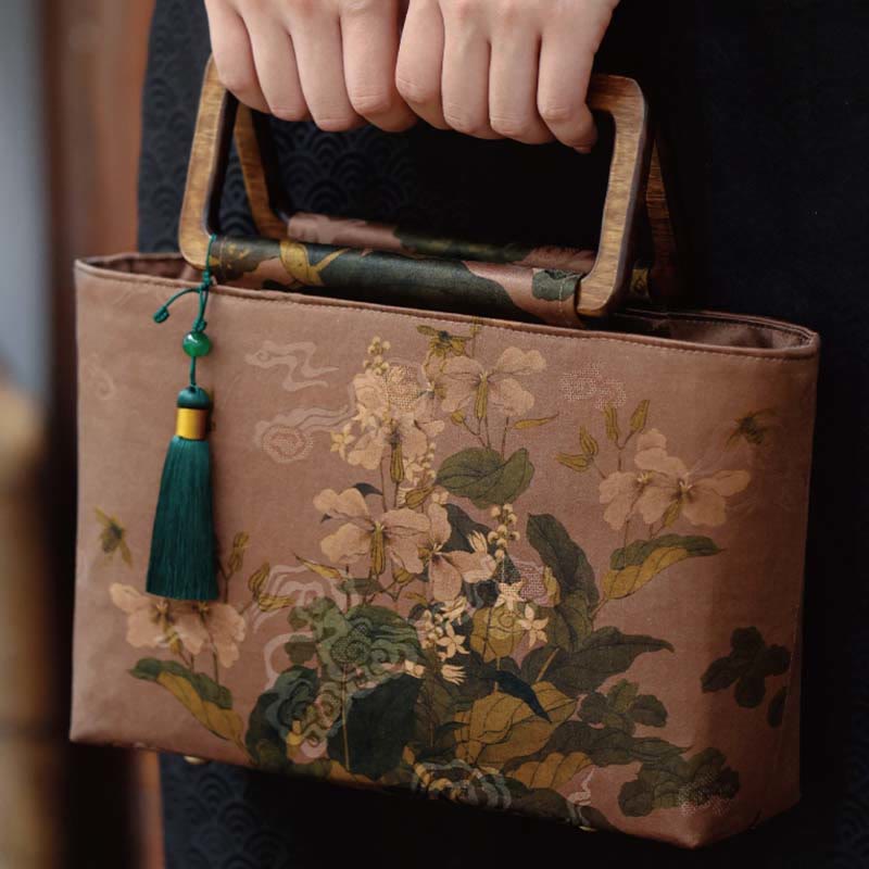 Handtasche mit Buddha-Steinen, Vintage-Design, braune Blumen, grüne Bambusblätter, Holzgriffe, Reißverschluss