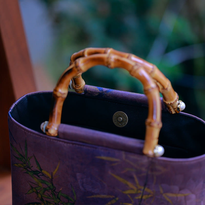 Handtasche mit Buddha-Steinen, lila Elster, Vögeln, Zweigen und Bambusgriffen