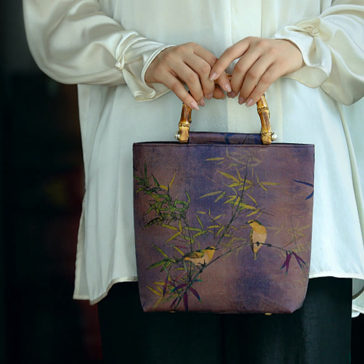 Handtasche mit Buddha-Steinen, lila Elster, Vögeln, Zweigen und Bambusgriffen