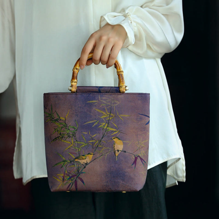 Handtasche mit Buddha-Steinen, lila Elster, Vögeln, Zweigen und Bambusgriffen