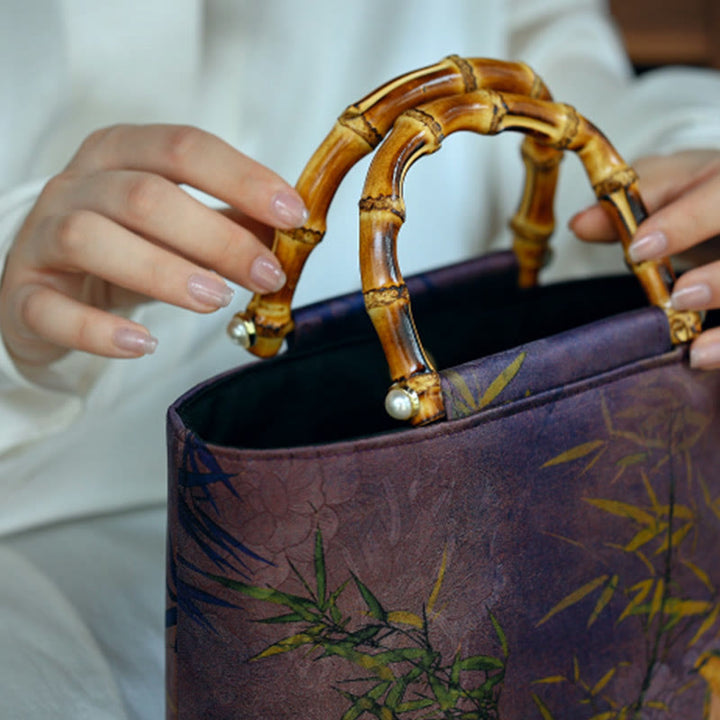 Handtasche mit Buddha-Steinen, lila Elster, Vögeln, Zweigen und Bambusgriffen