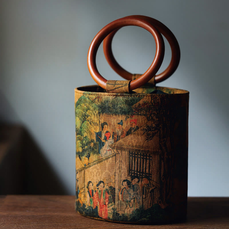 Handtasche mit Buddha-Steinen, Bambusblatt, Schmetterling, Kirschblüte, Kaki, Holzgriff