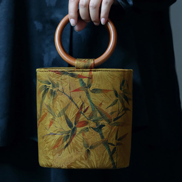 Handtasche mit Buddha-Steinen, Bambusblatt, Schmetterling, Kirschblüte, Kaki, Holzgriff