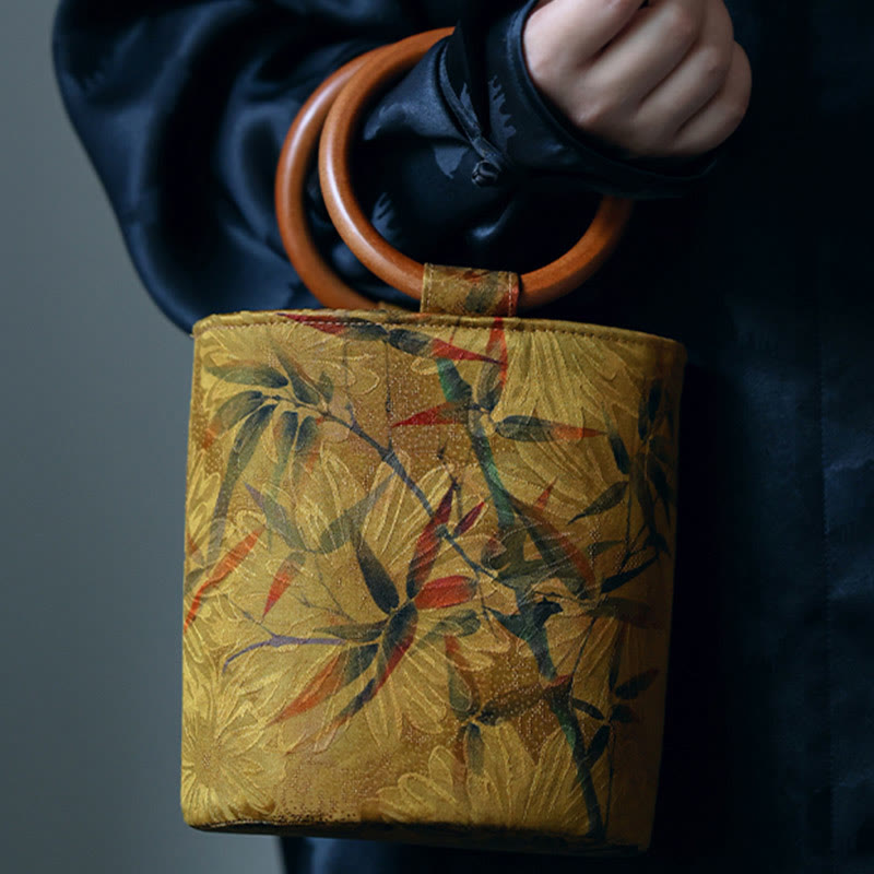 Handtasche mit Buddha-Steinen, Bambusblatt, Schmetterling, Kirschblüte, Kaki, Holzgriff