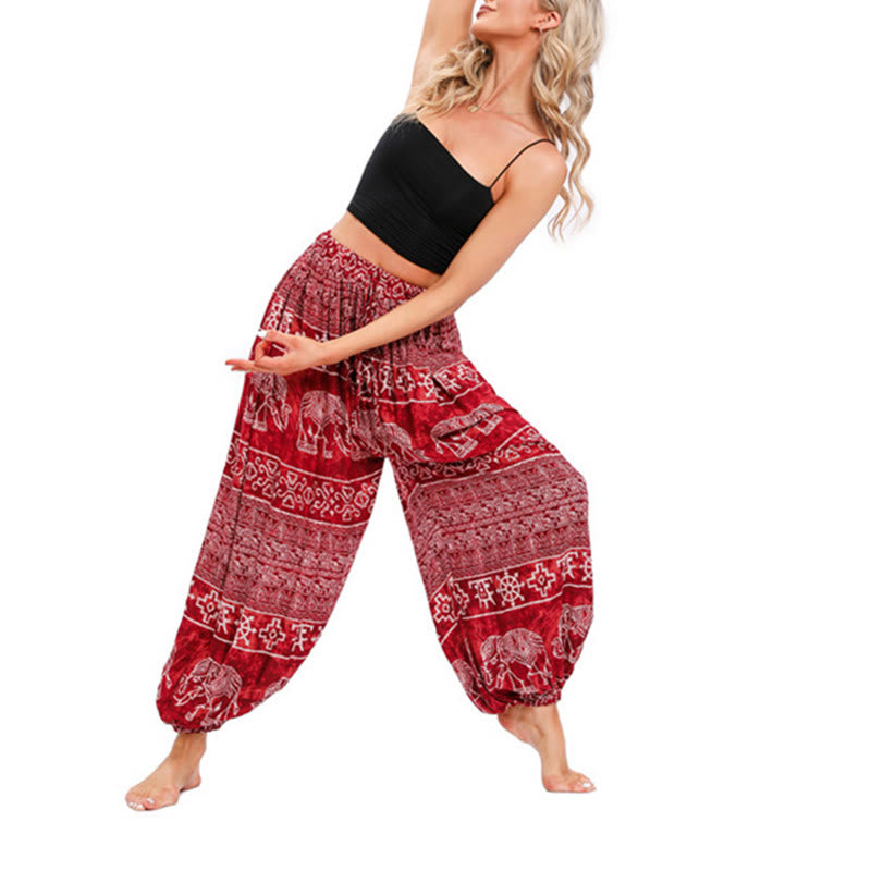 Buddha-Steine, Elefant, Geometrie-Muster, lässige, lockere Haremshose für Damen, Yogahose - Rot-US4-8/10， UK/AU8-12/14，EU36-40/42 (F) - image 2